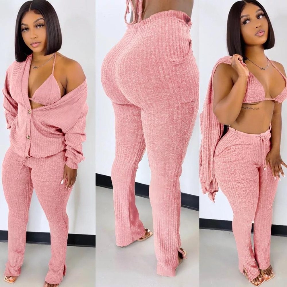 Pink Ribbed Knit Women's Pants Set